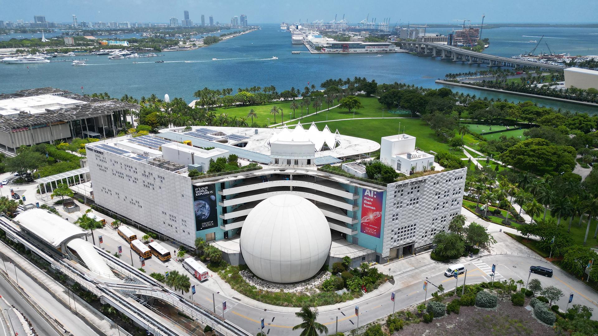Aerial view of the Phillip and Patricia Frost Museum of Science.