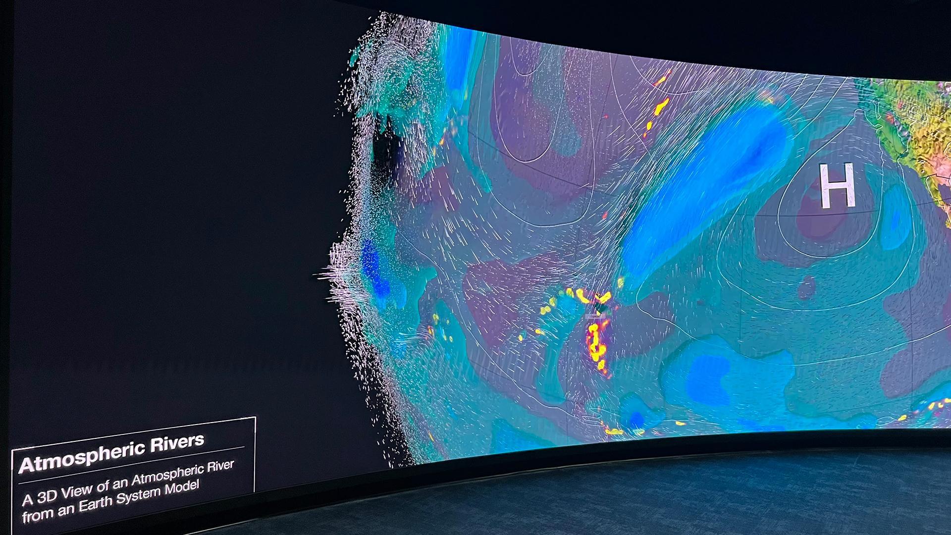 The Earth Information Center's Hyperwall displaying atmospheric rivers at Kennedy Space Center.