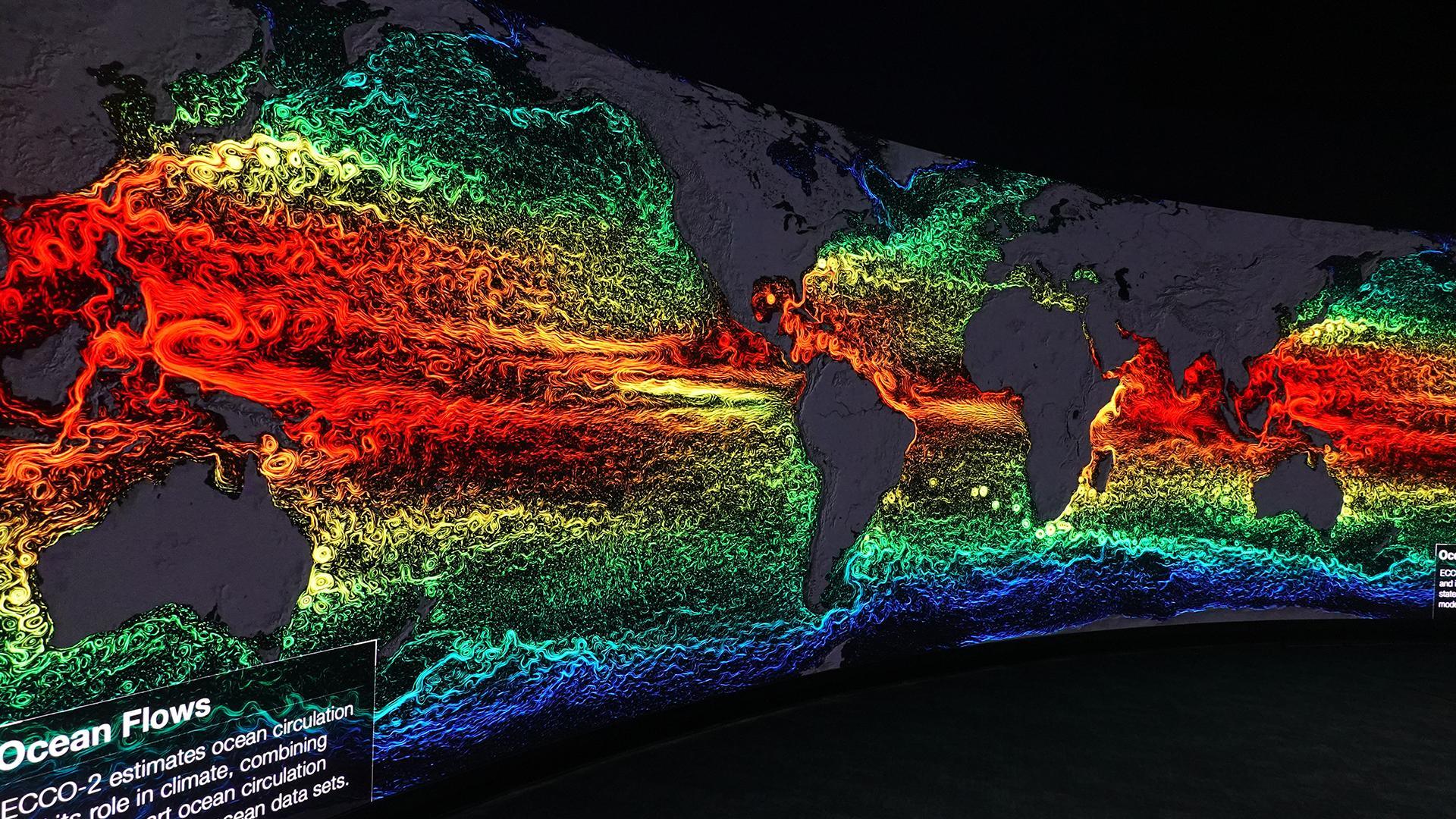 The Earth Information Center's Hyperwall displaying ocean flows at Kennedy Space Center.